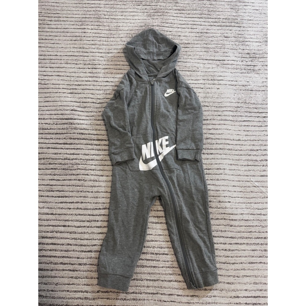 Nike Toddler Boys Gray Hooded Full Zip Romper Coverall 24M Logo One Piece